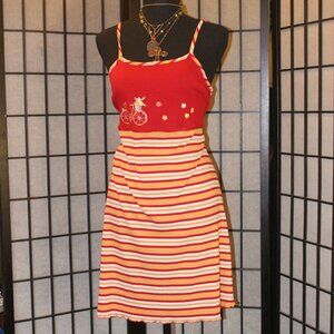Vintage Women's Dress - 90's Red/Orange Striped Ribbed Dress Floral Embroidery